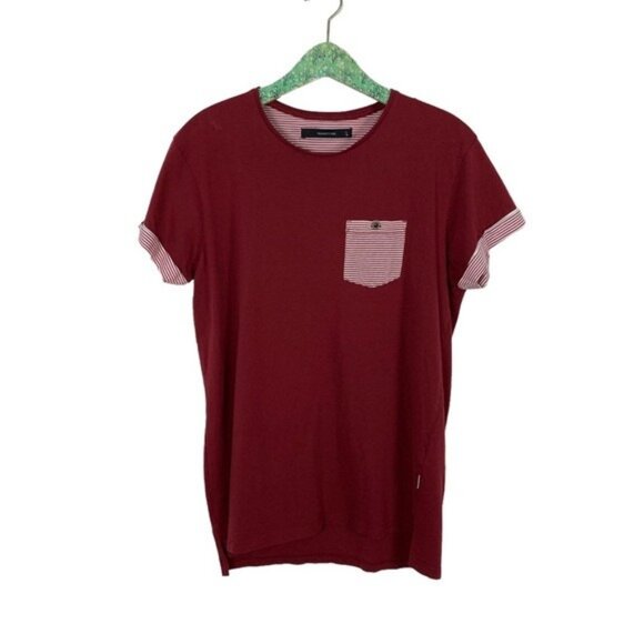 19 Ninety One Cotton On Burgundy Striped Pocket T Shirt Cuffed Sleeve Casual L - Picture 1 of 5